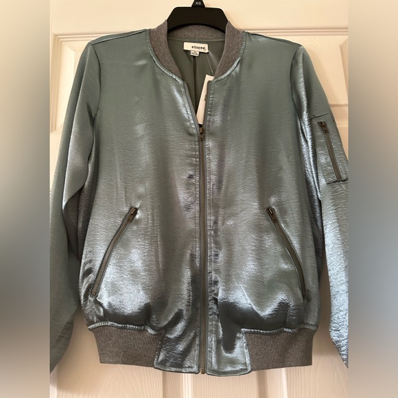 Storee Satin Shimmer Turquoise Bomber Jacket Zip Up NWT - Picture 2 of 10
